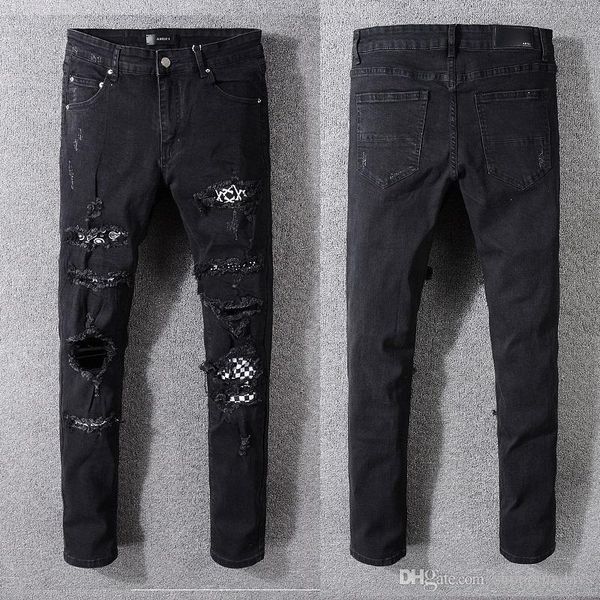 

mens jeans designer ripped man hip hop jeans slim denim straight biker trousers brand ami black motorcycle jeans, Blue