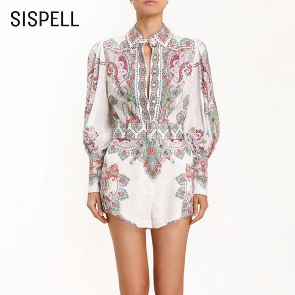 

sispell summer women's set lapel lantern sleeve shirt high waist shorts 2019 vintage embroidery print sets female fashion new, White