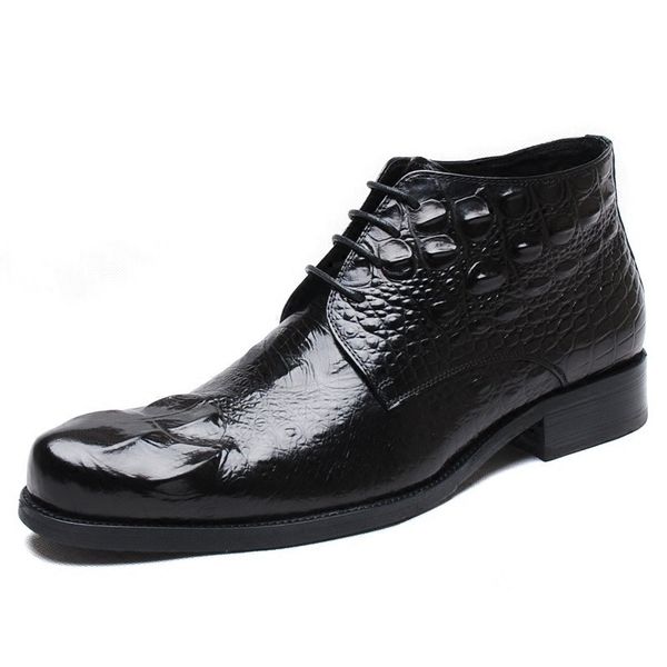 

large size 39-48 crocodile pattern leather boots cowboy boots mens pointed toe high lace-up bussiness dress shoes bota masculina, Black
