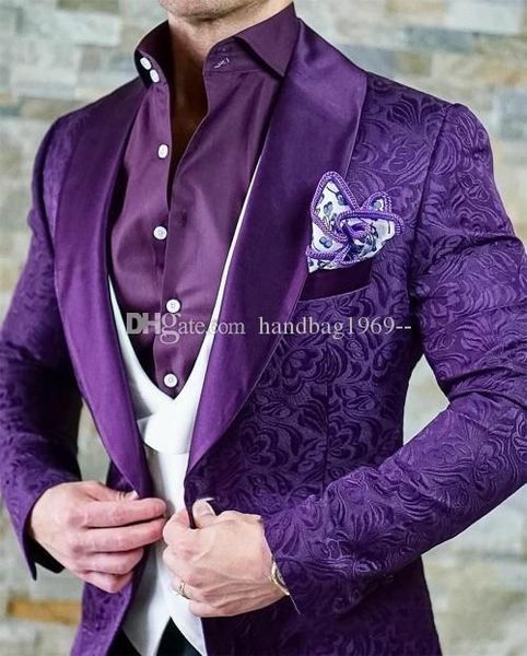 Um Botão Roxo Dark Paisley Noivo TuxeDos Shawl Groomsmen Mens Suits Casamento / Prom / Jantar Blazer (jaqueta + calça + colete + gravata) K156