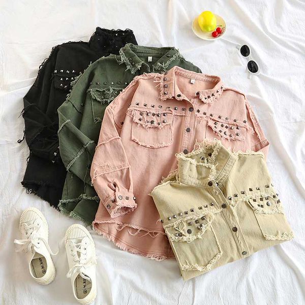 

spring studded frayed women's denim jacket long sleeve women's jackets large size outerwear irregular jeans jacket streetwear, Black;brown