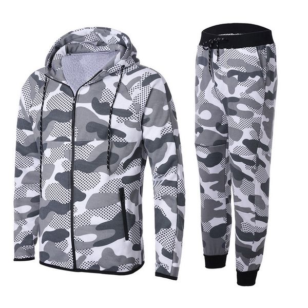 

vertvie 2018 new autumn men 2 pcs sets camouflage printed hoodies pullover pants sportwear suit male camo trousers sets, Gray