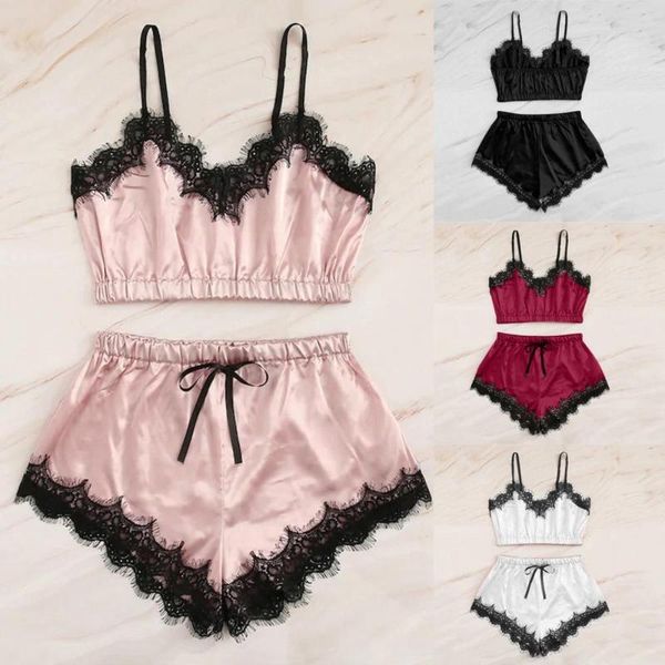 

lingerie bra set women's sleepwear sleeveless strap lace trim satin cami pajama set bras women bralette brief sets a40, Red;black