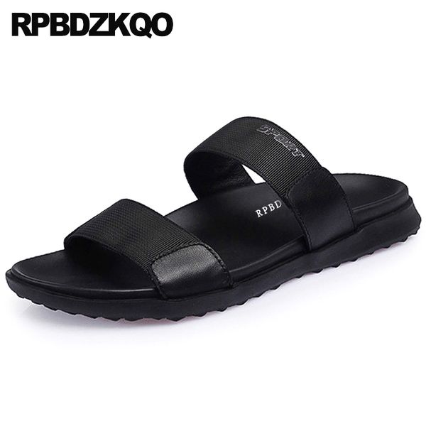 

black beach designer slip on genuine leather mens sandals 2019 summer outdoor casual shoes slippers open toe slides high quality