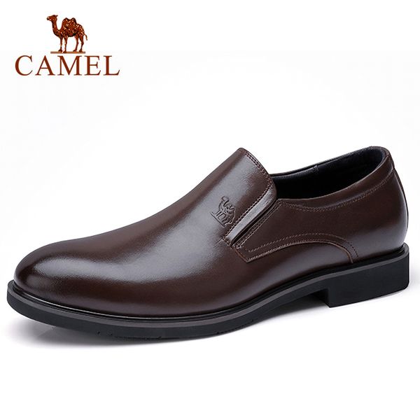 

camel men's shoes genuine leather men business casual dress shoes men round cow leather office/wedding male footwear, Black