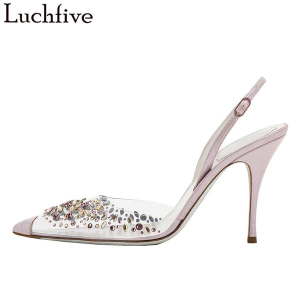 

sandals crystal pvc women pointy toe leather shoes woman high heels slingbacks summer pink party, Black