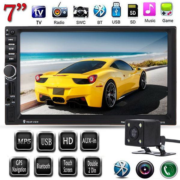 

bluetooth 7 inch hd 2din touch in dash car mp5 player usb tf aux gps stereo radios with rear camera for multi-languages
