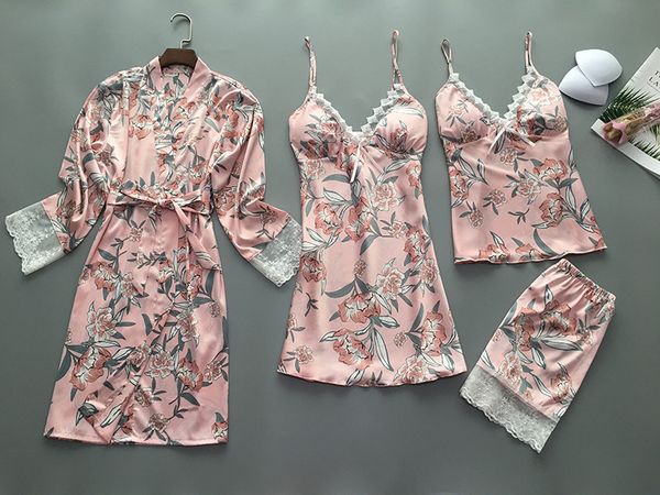 

women pyjamas lace printing sleepwear female summer satin pajamas for women pijama kimono elegant silk pajamas, Blue;gray