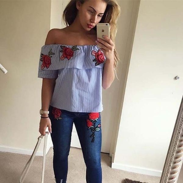 

2020 one-line collar strapless and backless embroidery rose striped t-shirt shoulder strap embroidered shoulder strap b, White