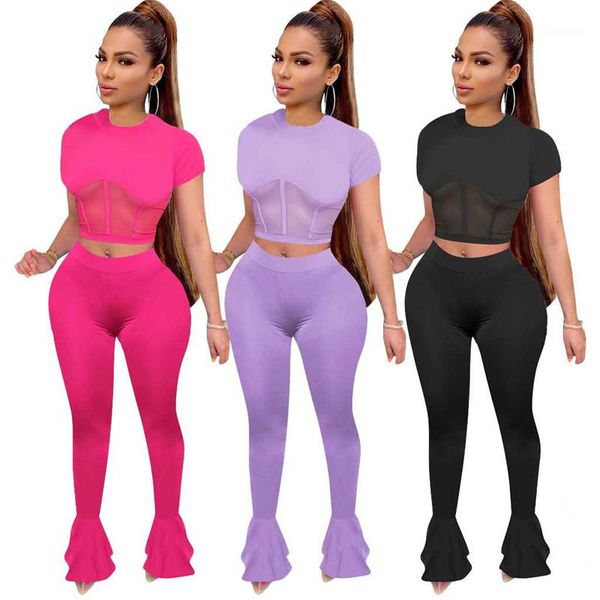 

two piece set fashion mesh panelled short sleeve crop long flares pants womens tracksuits natural color, Gray