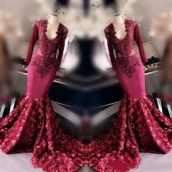 

burgundy mermaid prom dresses lace appliques long sleeves evening gowns rose flower sweep train formal party dress custom made, Black