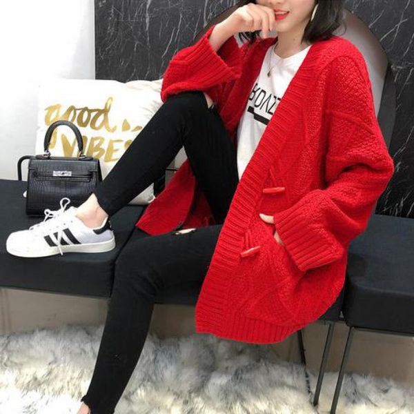 

females fashion horn button autumn gules jacket coat 2019 new womens trend sweater loose knitting cardigan casual basic coats, Black;brown