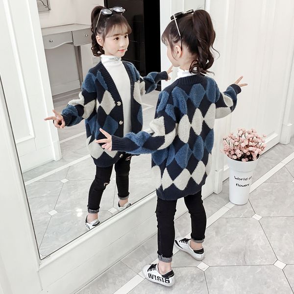 

boutique girl cardigan coat sweater kids clothes thickening knitting square grid outdoor sweaters mid-length jacket outerwear, Blue