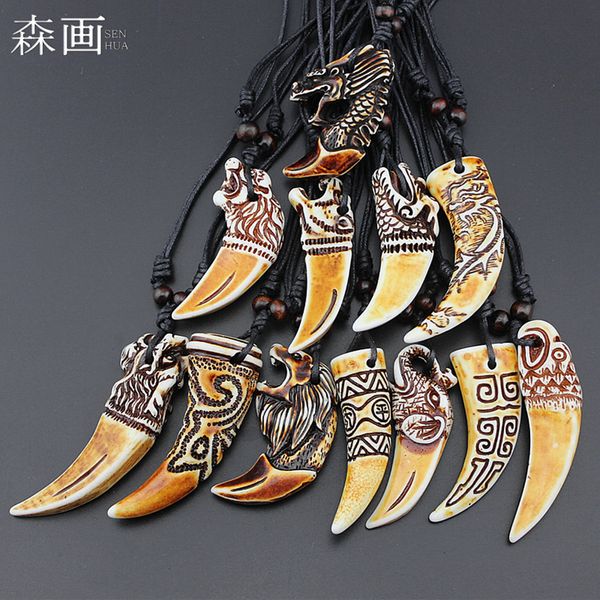 

mixed 12pcs faux yak bone carving dragon totem tiger/elephant/wolf teeth pendant necklace animal tooth amulet gift mn598, Silver