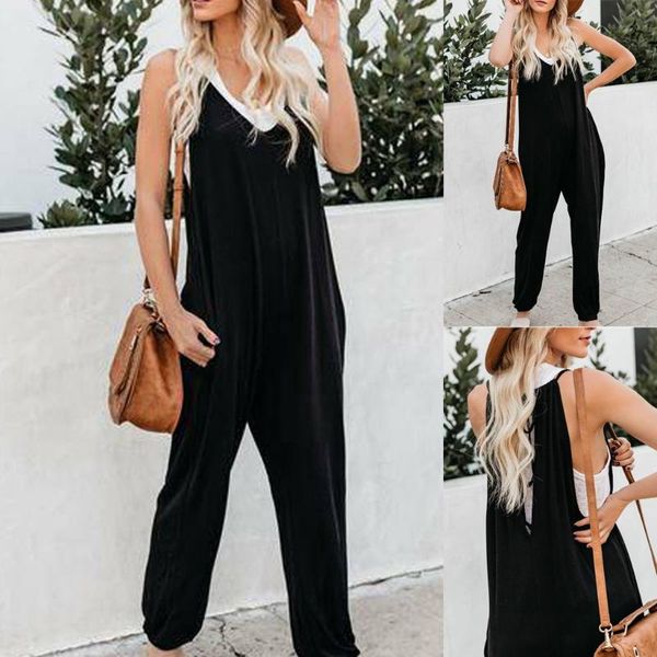 

fashion women v-neck wide leg pants long jumpsuit backless strappy playsuit neck high waist elegant lace-up jumpsuit romper#t2, Black;white