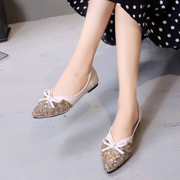

new pointed knitted bright surface bow decoration female flats new version of the wild wave shallow mouth single shoes j14-60, Black