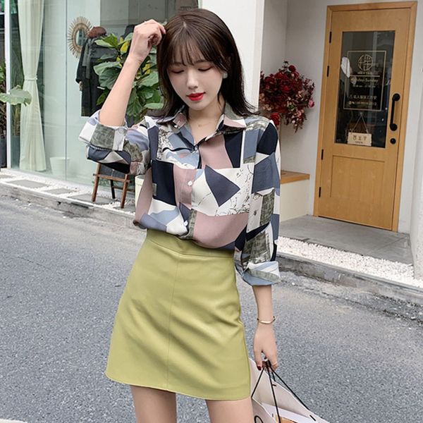 

spring new korean style women's geometric color matching polo long sleeve chiffon shirt, White