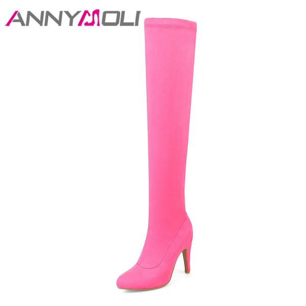 

annymoli boots women thigh high boots thin heel over the knee boots winter female tall shoes 2018 black pink big size 33-43 t200425