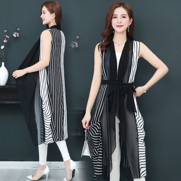 

#0724 summer chiffon vest waistcoat asymmetric kimono sleeveless jacket long cardigan waistcoats thin black and white striped, Black;white
