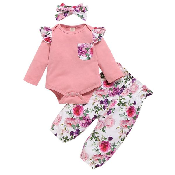 

3pcs newborn kid baby girls clothing long sleeve cloth set floral jumpsuit romper + pants + headband outfits girl clothes sets, White