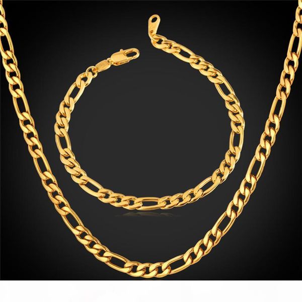 

new trendy figaro chain stainless steel necklace sets 18k real gold plated chunky necklace bracelet men jewelry ys226, Black