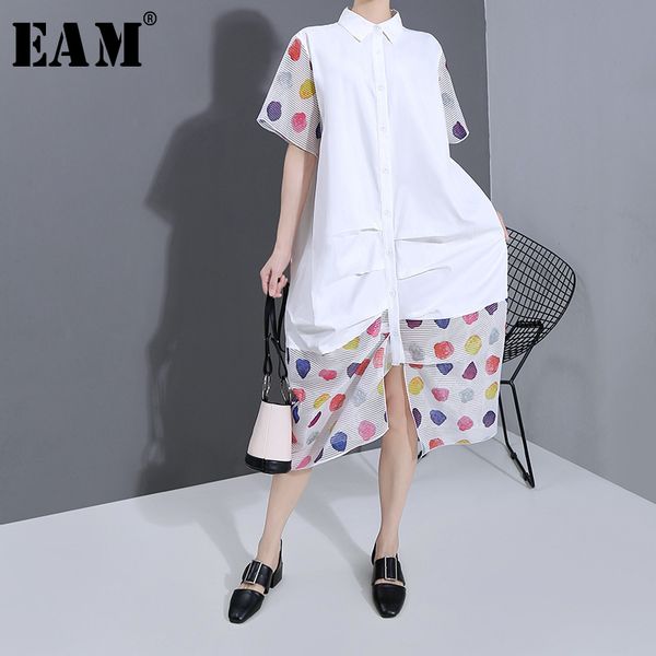 

eam] women white striped perspective big size shirt dress new lapel short sleeve loose fit fashion spring summer 2020 1t944, Black;gray