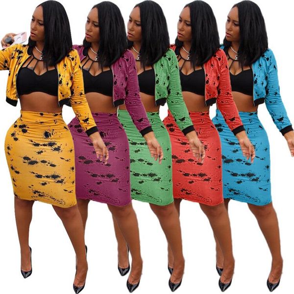 

dresses for womens ladies designcostume women 2-piece suit stylish long-sleeve splash-ink mid-skirt suit, White