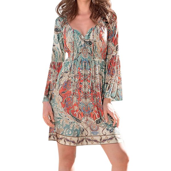 

женская платье богемского печати vadim v-образным вырезом империи мини платья flare рукавом летнее платье с длинным рукавом mujer vestidos d, Black;pink