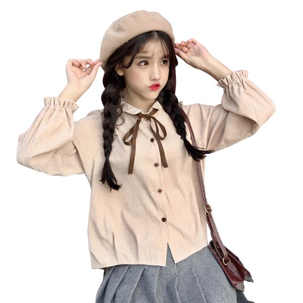 

2019 new arrival regular blusas vadim fresh corduroy tie with sleeve blouse for spring women's wear students' bottom shirt, White