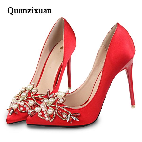 

quanzixuan women heel shoes high heels fashion rhinestone pearl women pumps pointed toe wedding shoes thin heels ladies, Black