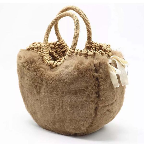 

women winter plush cover straw bags fashion bow twist round handle shoulder bag portable rattan hand-woven crossbody bags