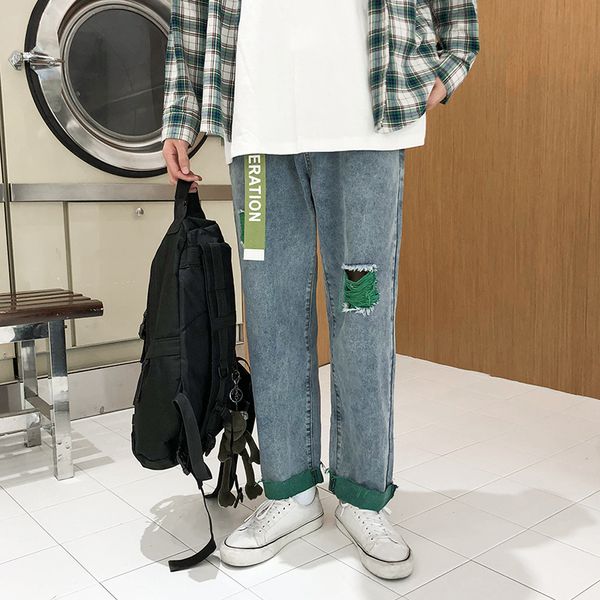 

2020 spring and autumn new youth hole hit color men's loose jeans fashion casual wild straight pants green/army green/orange, Blue