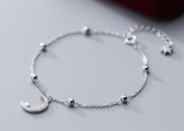 

1pc authentic real. 925 sterling silver fine jewelry cz set crescent moon star &lucky ball rounds anklet chain bracelet gtls833, Golden;silver