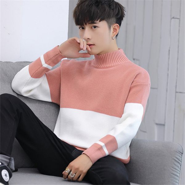 

2019 male color matching sweater half a turtleneck sweater tide of cultivate one's morality splicing render, White;black