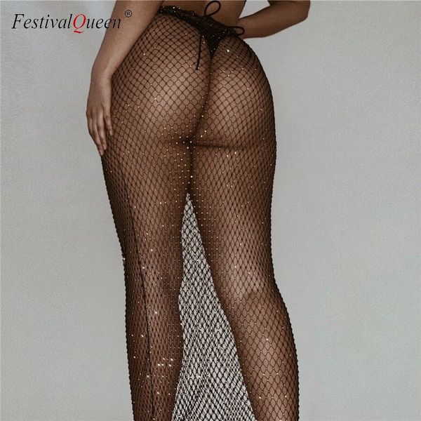 

bling rhinestones mesh fishnet long skirt women summer beach skirt see through shiny diamonds plaid party skirts clubwear, Black