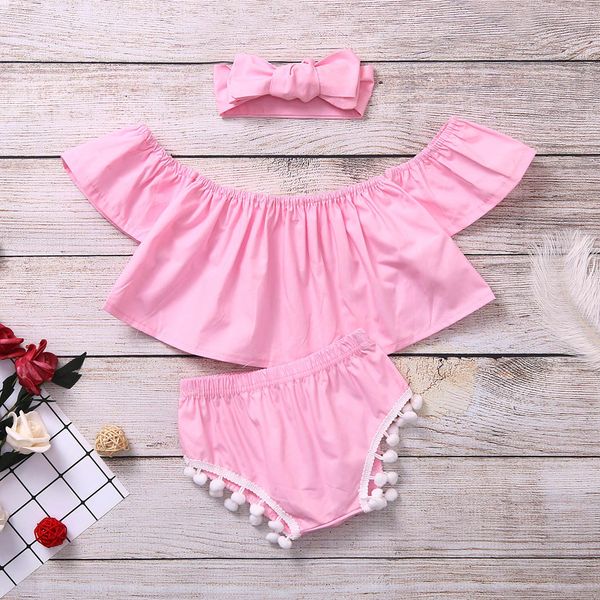 

baby girl clothes off shoulder solid print +tassels shorts+headband outfits casual fashion children suits bebek giyim, White