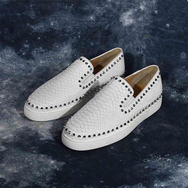

genuine leather pattern flats men studded spikes red thick sole loafers male round toe slip on casual shoes rivets black shoes
