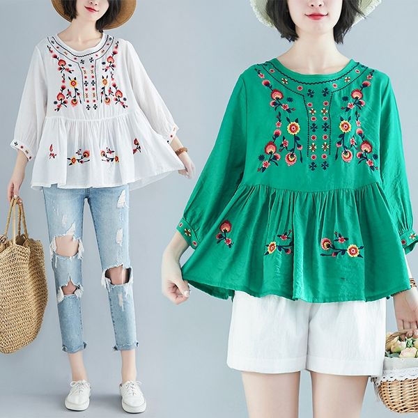 

ethnic three quarter sleeve nv shang yi embroidered shirt national shirt small unlined upper garment wen yi fan loose-fit linen embroidery f, White