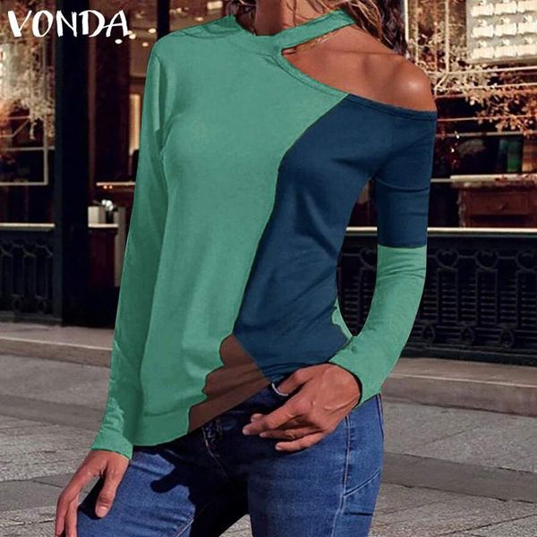 

vonda women blouse off shoulder casual loose long sleeve patchwork shirt ladies 2019 autumn spring blusas plus size, White