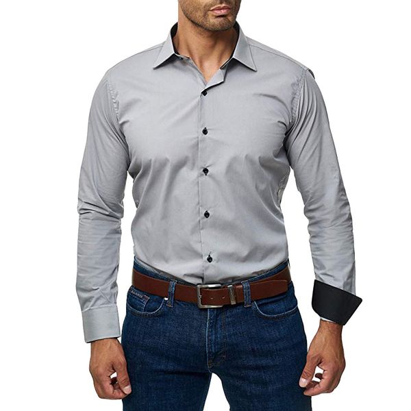 

camisa masculina men's euro-american business dress shirt chemise homme casual pure color lapel long sleeve shirt, White;black