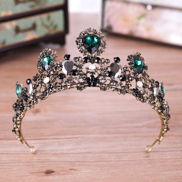 

european green crystal tiaras vintage black rhinestone pageant crown baroque bridal wedding hair jewelry accessories, Golden;white