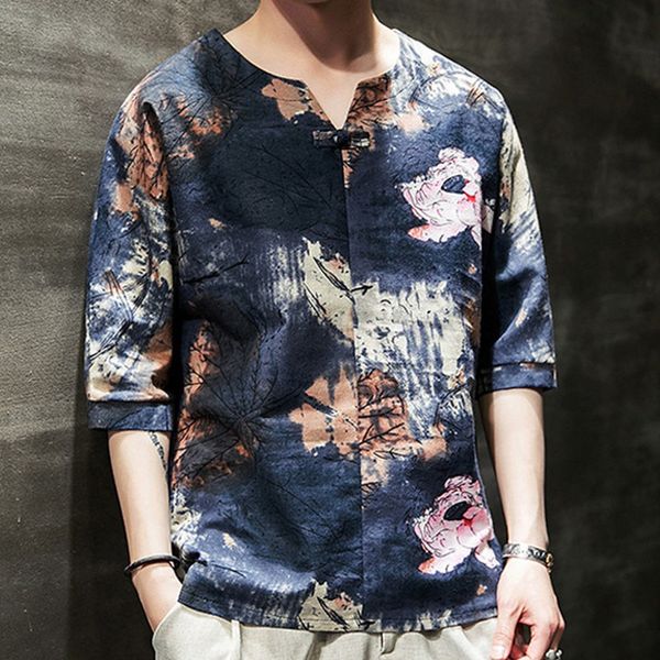 

feitong mens summer shirt blouse vintage ethnic style tie dye half sleeve cotton linen printing shirt beach blouses, White;black