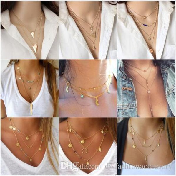 

2019 new boho jewelry multi layer choker necklaces for women moon fashion pendant vintage collier tassels choker necklace bijoux, Silver