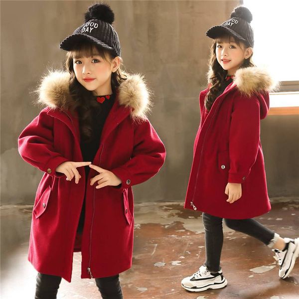 

fall winter kids girls cotton warm woolen coat children thick cashmere jacket teens girls fur collar hooded outerwear, Blue;gray