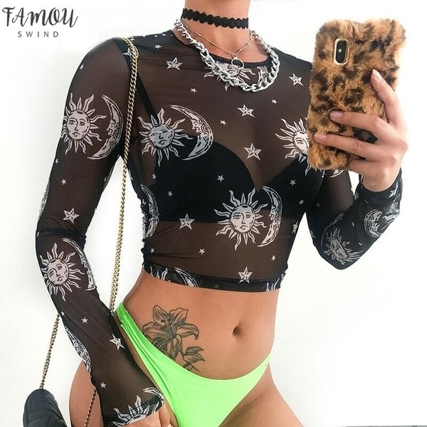 

new 2020 women sheer mesh cupid tee moon print long sleeve slim crop crow neck transparent tee top, White