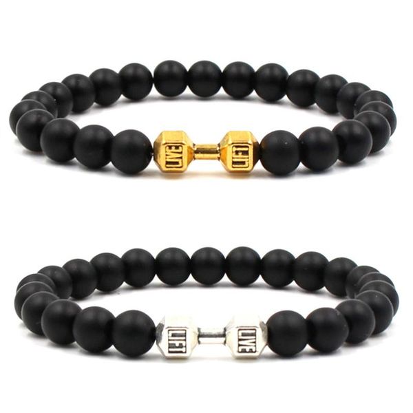 

creative 8mm black matte stone sports dumbbell beaded bracelet charms bracelets bangle for men women christmas gift 3 colors, Golden;silver