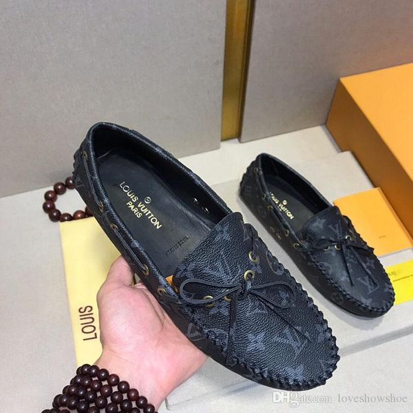 

new men's dress shoes flat bottom loafers printing fashion luxury peas shoes leather classic casual driving shoes size, Black