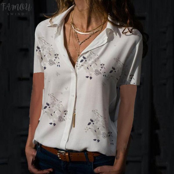 

print v neck chiffon blouse women blouses 2020 summer elegant short sleeve female work spandex shirts plus size 5xl lapel blusas, White