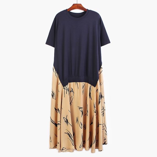 

women pattern printed stitch big size dress new round neck short sleeve loose fit fashion tide spring summer 2020 v823, Black;gray