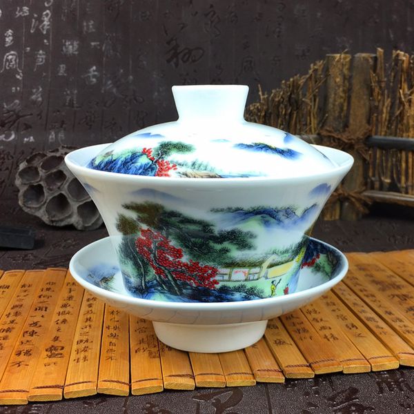 

high capacity chinese hand painted teaset elegant gaiwan 300ml ceramic tea tureen lid bowl saucer glaze chinese teaset tea cup